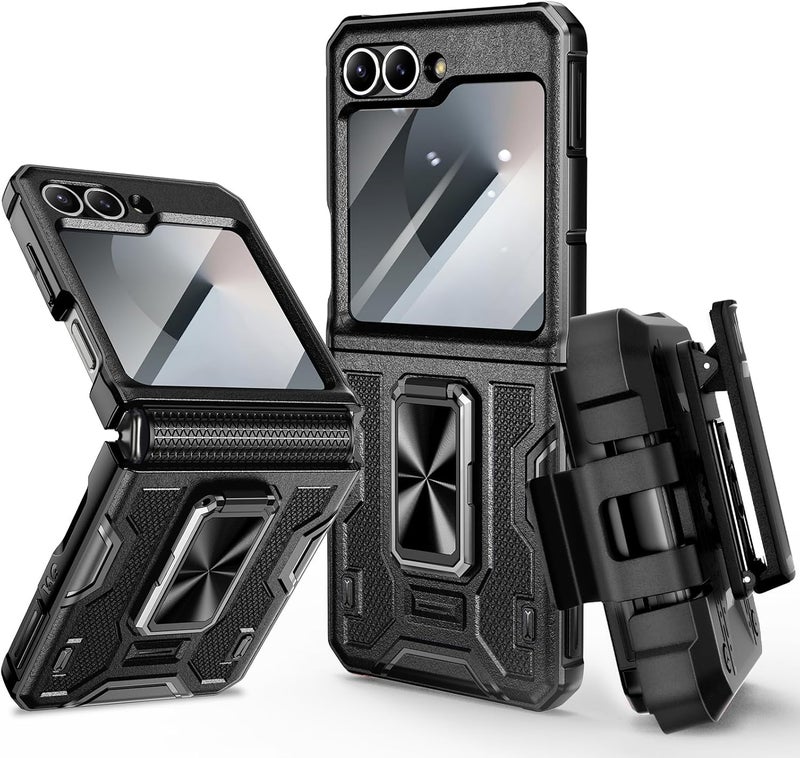 Vego for Galaxy Z Flip 6 Case, 360° Rotatable Ring Kickstand & Belt Clip Holster & Tempered Glass Camera Screen Protector & Hinge Protection, Shockproof Case for Samsung Flip 6 5G - Black - Image 1